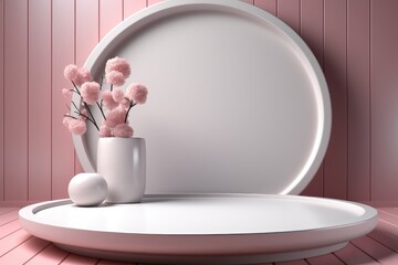 Poster - Mock up with podium for product display, Pink tone, Minimal background, 3d rendering.