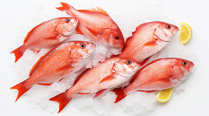 Wall Mural - Red snapper fish catch in ice cubes. Seafood background. Generative AI