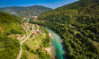 Aerial drone view of valley of the Drina river in Bosnia and Herzegovina in sunny weather. 