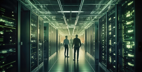 Poster - IT Engineer man working diagnostics or doing maintenance in server room.
