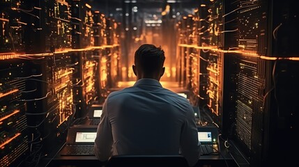 Fototapete - IT engineer man checking servers in big cloud computing server.