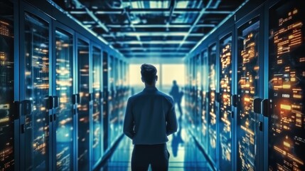 Aufkleber - IT engineer man checking servers in big cloud computing server.