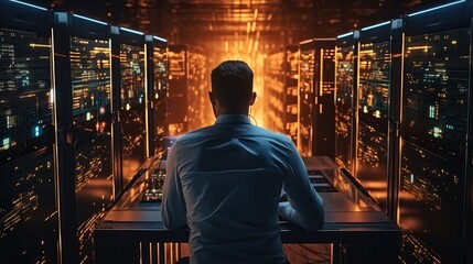 Fototapete - Technician man using a laptop while working in a data centre.
