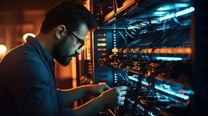 Fototapete - IT Professional male network are connecting cables in server cabinet while working in big data center.