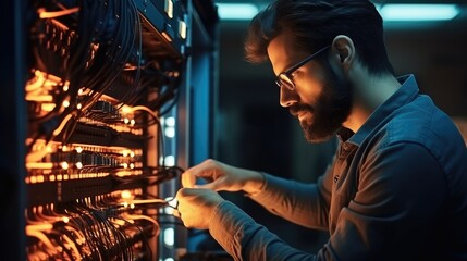 Fototapete - IT Professional male network are connecting cables in server cabinet while working in big data center.