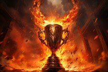 Flaming Triumph Crowned By Trophy And Sports Banner. Generative AI