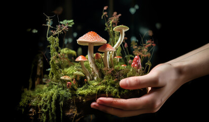 Sticker - Person's hand holding mossy piece of land with many small mushrooms. Environment concept. AI generated