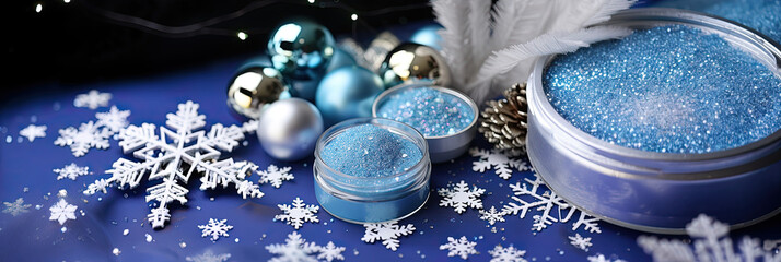 Sticker - silver and blue baubles with decorative snowflakes and glitter containers. 