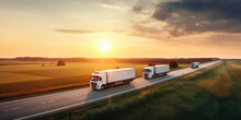 Delivery Cargo Trucks Driving In Motion On Highway Road In Country Field And Sunset Landscape Concept Of Lorry Logistic Freight Transportation Business