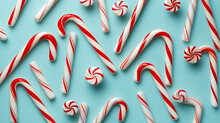 Christmas Candy Canes On A Blue Background, Top View