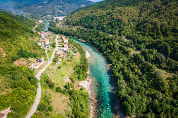 Wall Mural - Aerial drone view of valley of the Drina river in Bosnia and Herzegovina in sunny weather. 