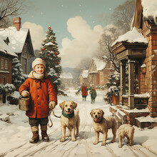 Vintage Christmas Card With Nice Winter Scene Of Children Going For A Walk With Dogs On Christmas Day