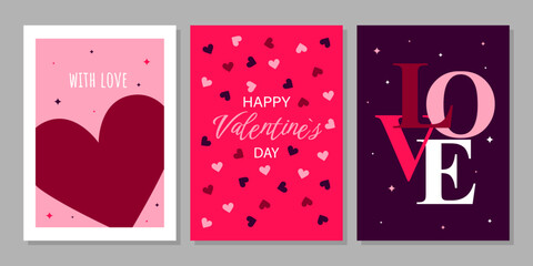 Valentine's Day greeting card set. Hand drawn trendy cartoon heart, love lettering. Vector illustration