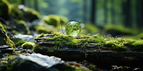 Wall Mural - A stone covered with green moss on a blurred forest background. Close - up. Natural background with copy space for your design.