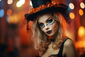 Wall Mural - Portrait of beautiful woman daark witch halloween catrina made with Generative AI