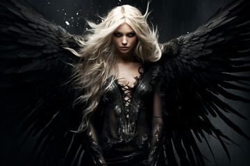 Wall Mural - generative ai collage photo of frightening scary fallen angel with black wings