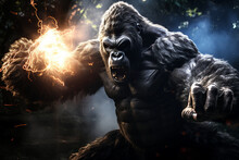 Generative Ai Collage Photo Of Aggressive Beast Giant Gorilla King Kong Using Magic In Fight