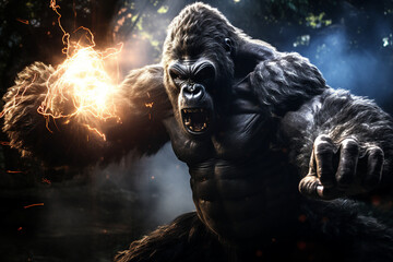 Poster - Generative ai collage photo of aggressive beast giant gorilla king kong using magic in fight