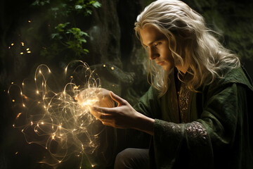 Wall Mural - generative ai collage photo of powerful wizard witcher make spell light road in haunted woods