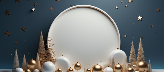 Sticker - Minimal luxury Christmas presentation with white and gold product display podium stars snowflakes and baubles on dark blue background