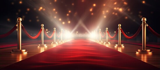 Wall Mural - celebrity and exclusivity conveyed through red carpet with velvet curtains and flashing lights