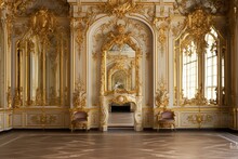 Opulent Chamber With Opulent Gold Ornamentation In Rococo Design. Generative AI