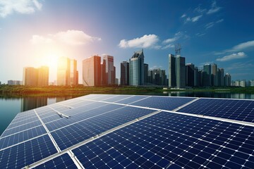 Wall Mural - A field of solar panels to power a modern clean city with electricity. Modern city with skyscrapers in the background. Ecological energy renewable solar panel plant with urban landscape landmarks.