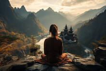 Young Person Meditating At Dawn On A Mountain With Panoramic Beautiful Views Generative AI Technology