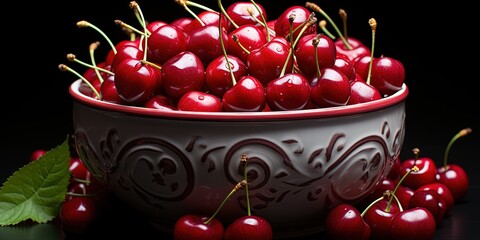 Wall Mural - Bowl with sweet cherries on black background