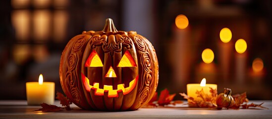 Sticker - Decorated home with Halloween pumpkin lantern and autumn leaves in seasonal living room