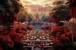 3D maze garden with chess, golden flamingo, trees, red flowers, and clouds. Generative AI