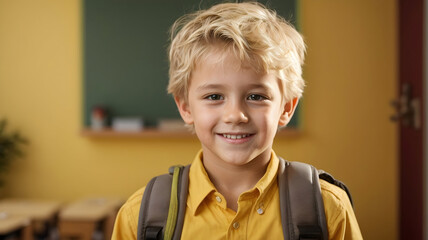 Close-up portrait of a blonde boy with backpack, smiling and happy, against a school yellow background. Back to school concept generative ai