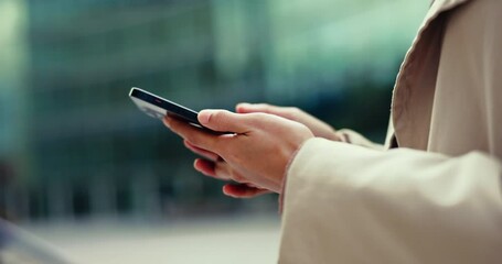 Canvas Print - Hands, business and woman with a cellphone, outdoor and internet with connection, mobile user and email. Closeup, person or worker with digital app, social media or network with smartphone or contact