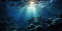 Dark Blue Ocean Surface Seen From Underwater. Illustration Of Sun Light Rays Under Water. The Relief Of The Seabed Through The Water Column.