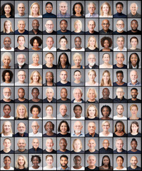 Photo collage portrait of multiracial people with different ages looking at camera. Concept of diversity, variety of people and inclusion in our society. 