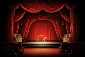 Wall Mural - Illustration of vacant stage, adorned by red curtains and seating arrangement. Generative AI
