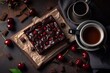 Top view of cherry brownie with chocolate. Menu recipe banner. Generative ai.