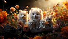 White Pomeranian Dogs In The Woods