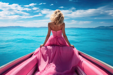 Wall Mural - beautiful young woman in pink dress sit in a boat luxury summer vacation outdoor adventure