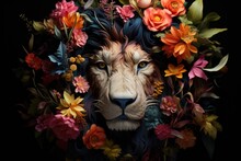Head Of Fairy Lion Among Colorful Flowers