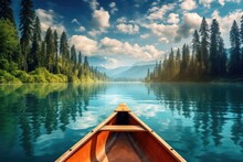 Kayak Adventure Lonely Boat On Peaceful Lake In Summer Landscape