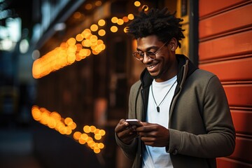 Wall Mural - Young afro man smiling using mobile phone in front of a shop window