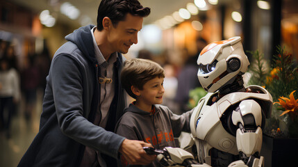 Wall Mural - Father and son looking at robot in the shopping mall. Concept of friendly family.