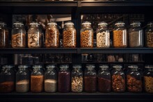 Glass Jars On Shelf With Various Nuts On. Food Products On A Store Shelf Or In The Pantry. Generative AI.