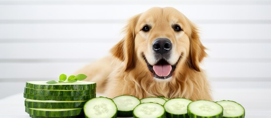 Wall Mural - Dog enjoying spa treatments with cucumbers on its face