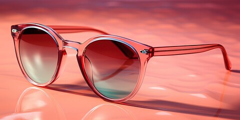 Wall Mural - Pattern of pink color sunglasses on pink background at sunlight with shadow. Summer fashion eyeglasses with rose colored glass. Summer vacation, summer rest concept