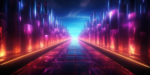 Poster - portal of beautiful neon lights with glowing purple and blue lines in a tunnel