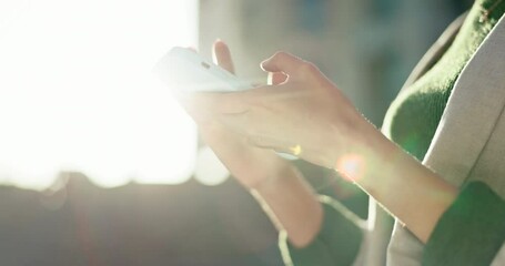 Aufkleber - Hands, outdoor and woman with a cellphone, employee and mobile user with connection, lens flare or contact. Closeup, person or worker with digital app, internet or network with smartphone or website