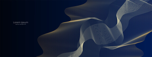 Poster - Vector wave dynamic gold lines. Smooth curve gold color on blue gradient background. Background for concept of technology, digital, communication. Vector EPS 10