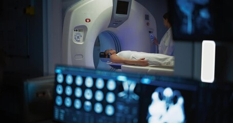 Aufkleber - Medical Hospital Research Lab: Male Medical Scientist Using Computer with Brain Scan MRI Images of a Female Patient Undergoing Medical Process in the Background. Healthcare Service